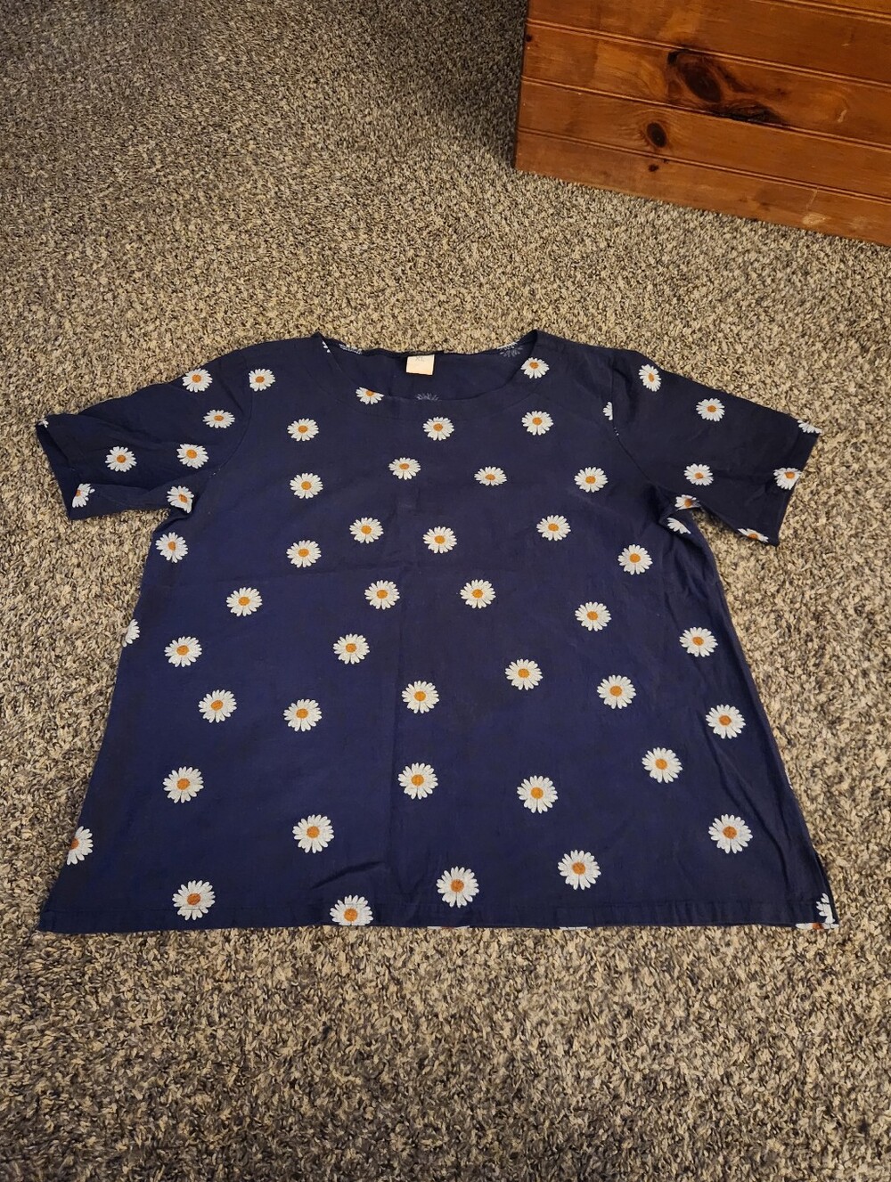 Vintage Camisa Cotton and Linen Daisy Short Sleeve Blouse Navy Blue XL
